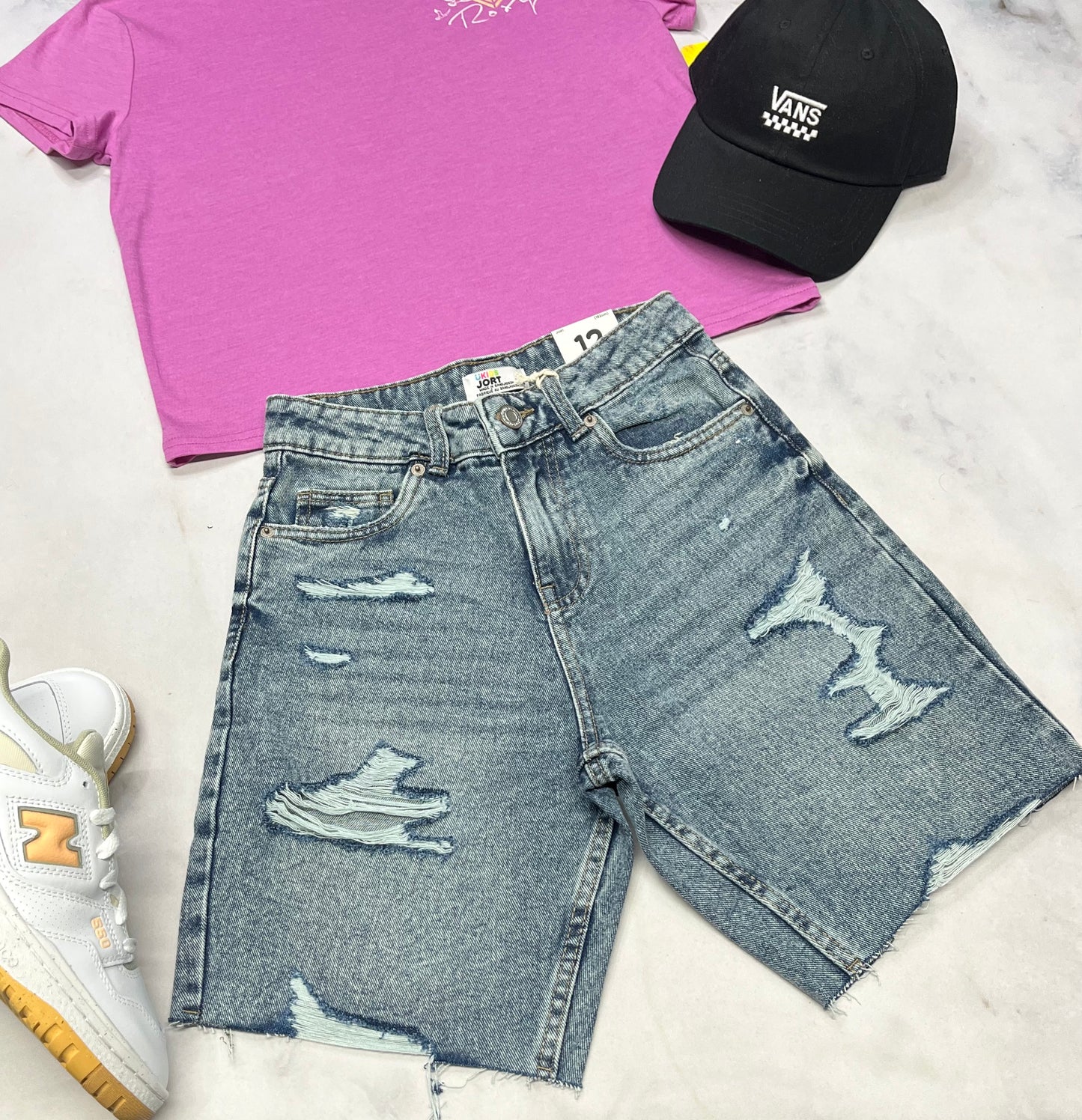 😍 Bermuda jeans : JORT taille haute coupe tendance neuve ! 12 ans fille ajustable .