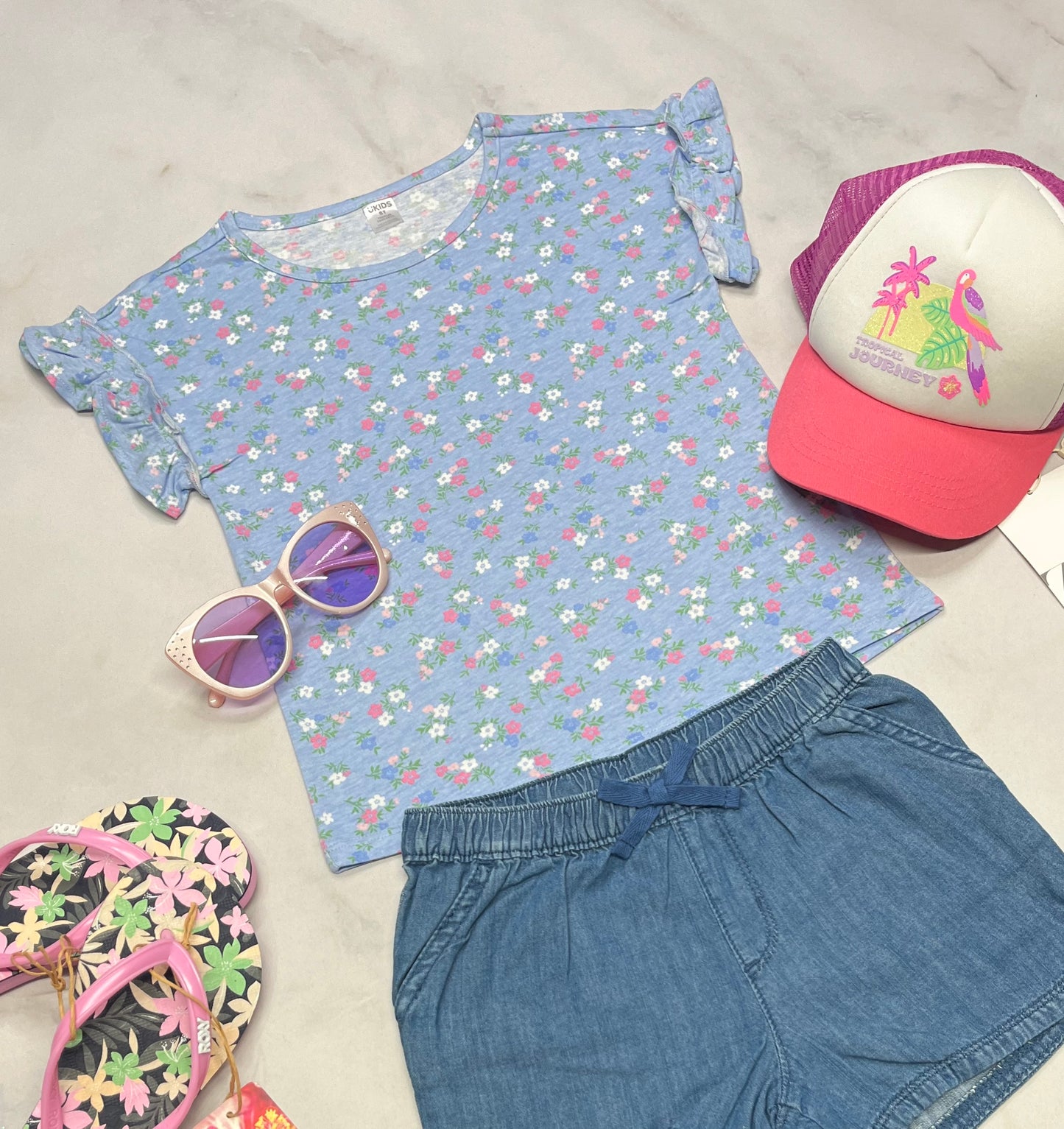 đ· Manche courte : fleurie bleu 4 ans fille neuf !