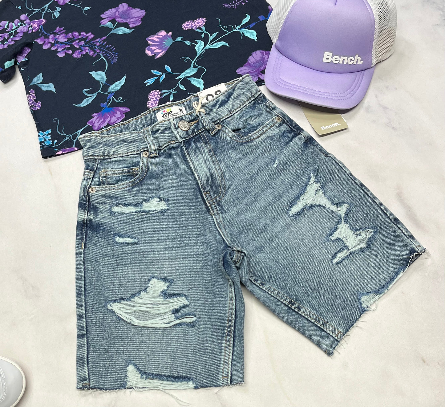 ☀️ Bermuda : jeans Jort. Taille haute neuf ! Look tendance . 8 ans fille ajustable .