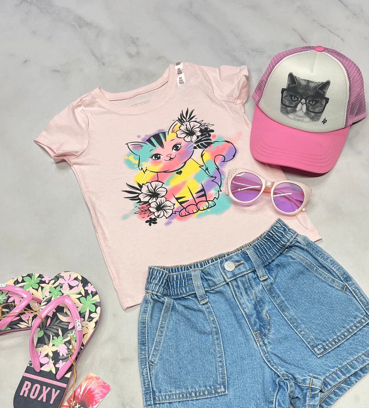 🌸 Manche courte : rose / chat 5 ans fille neuf !