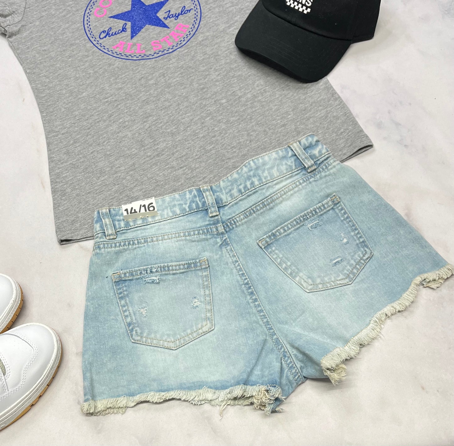 🌷 Short jeans : Taille haute et ajustable neuve!14-16 ans fille