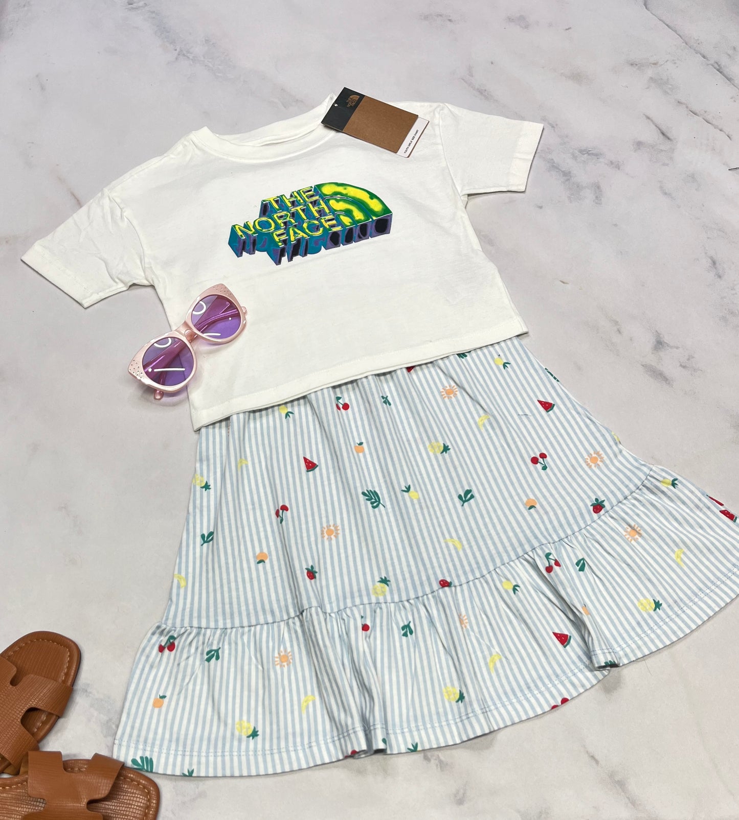 🦋 Robe : rayé bleuté ( motifs fruits) 4 ans fille neuve .