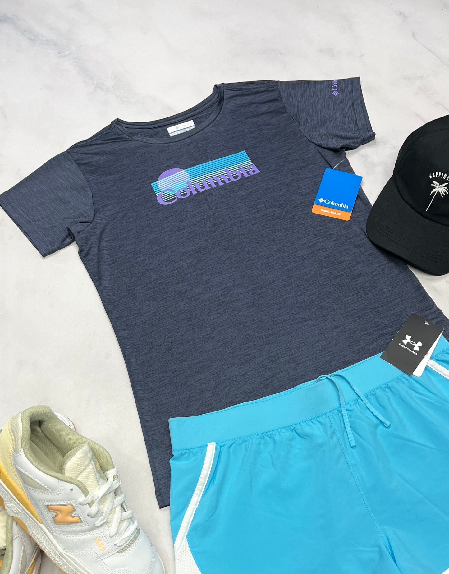 🩵 Manche courte : Columbia 18-20 ans junior fille ou S-M femme neuf ! Tissu de sport bleuté .