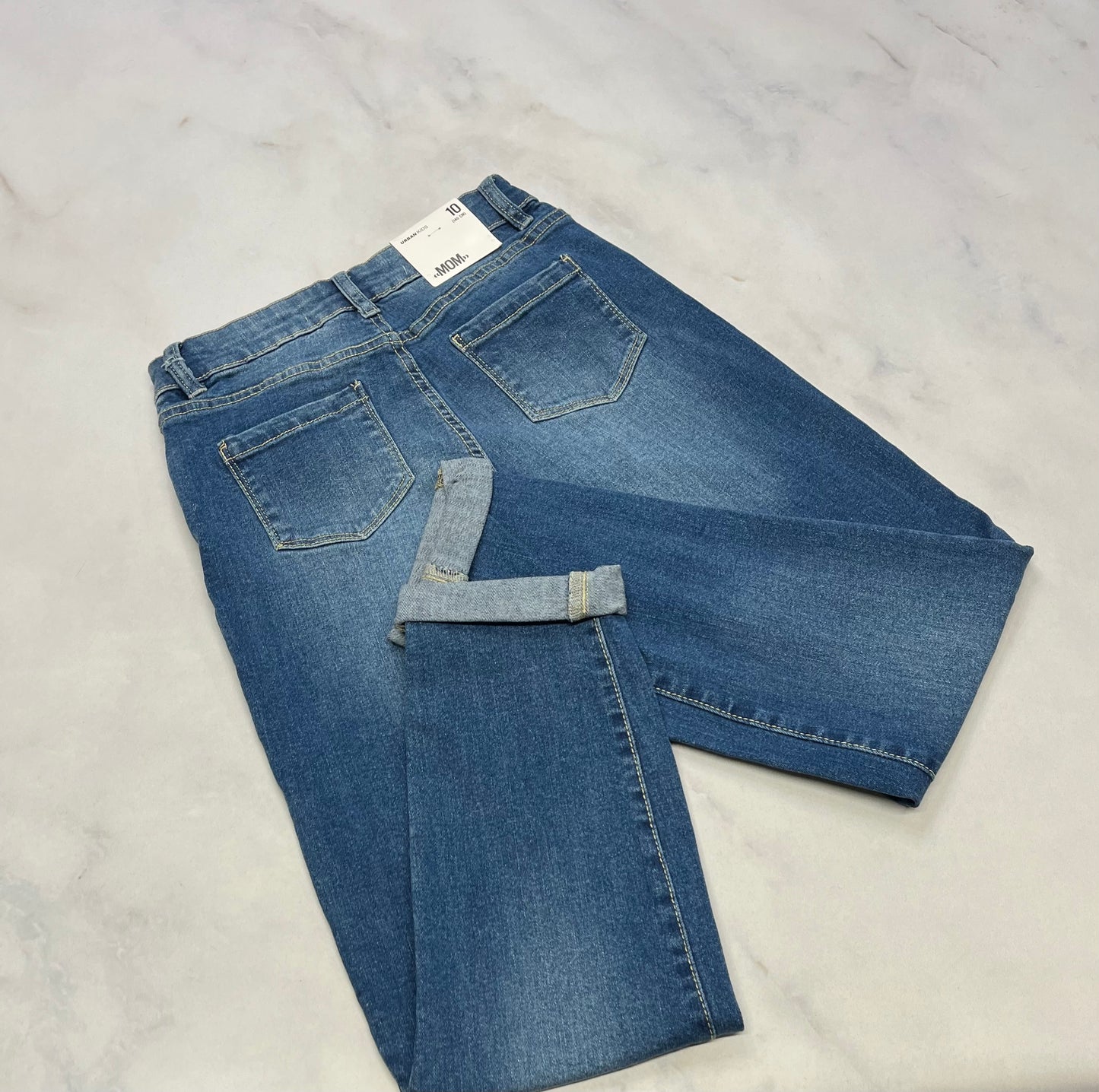 MOM : jeans stretch taille haute 10 ans .