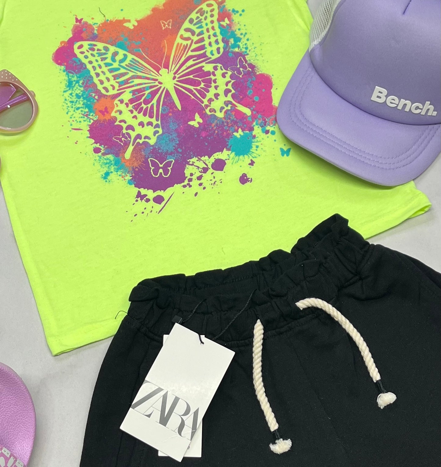🦋 Manche courte : lime néon soft 5-6 ans fille neuf !!