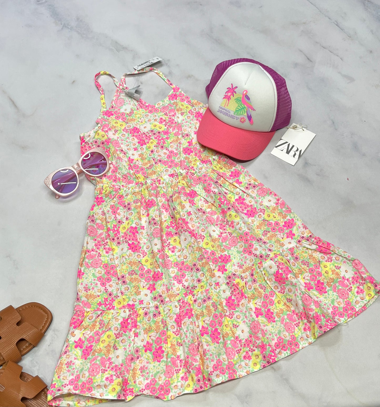🌸 Robe : fleurie élastique à la taille 7-8 ans fille neuve .