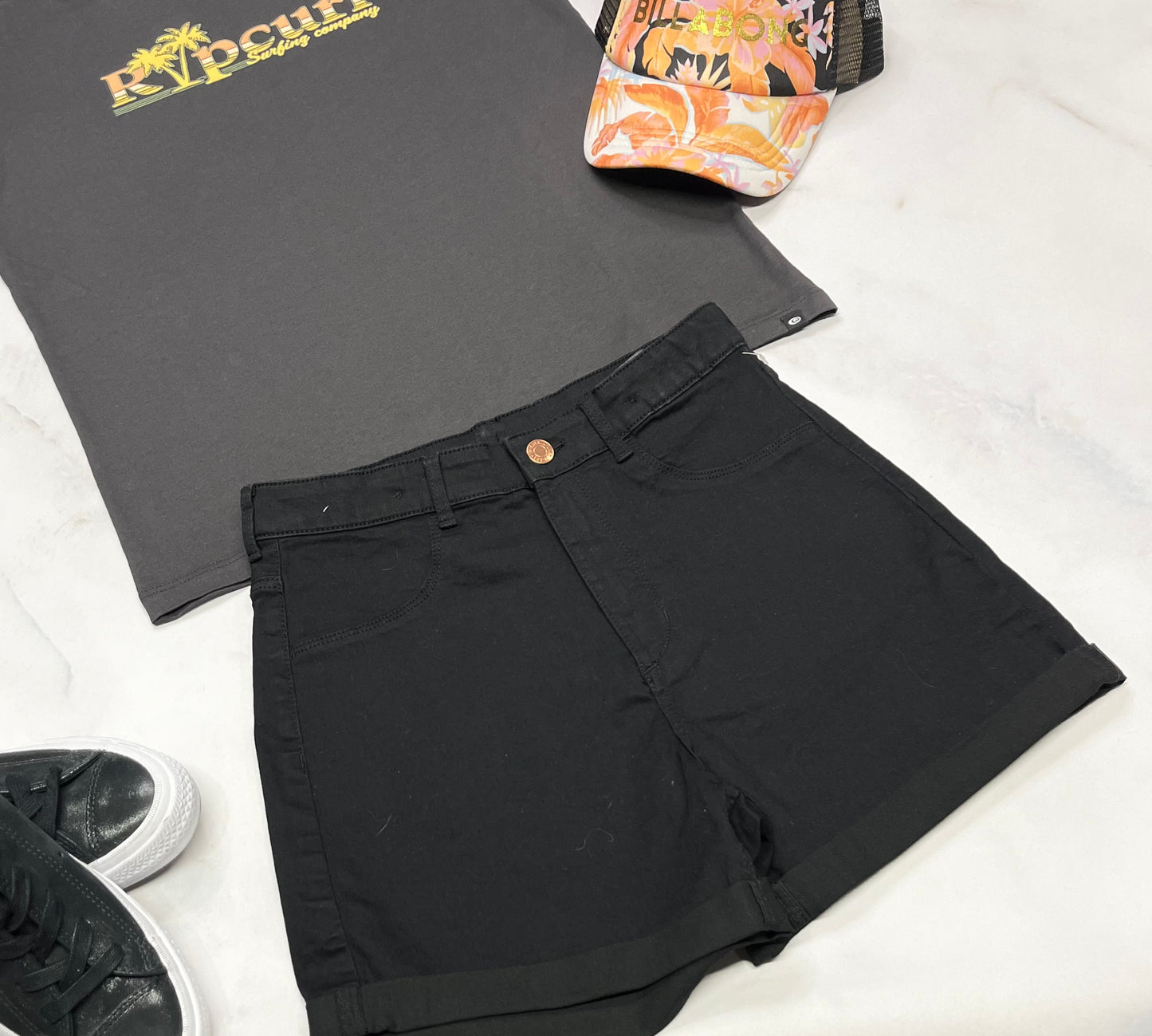 ☀️Short noir : look jeans souple 13-14 ans fille taille haute ajustble neuve .