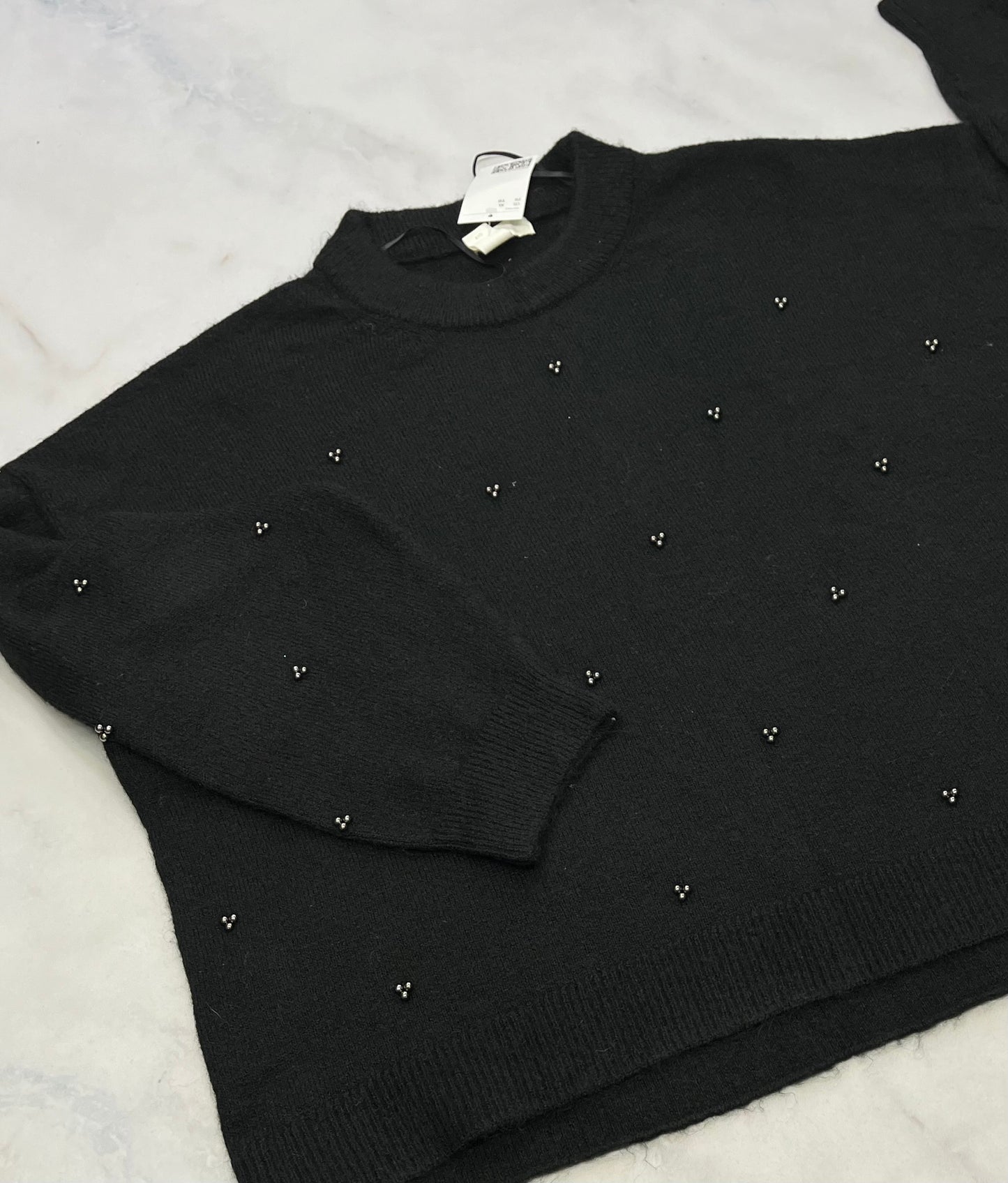 Tricot noir avec perle : Hyper doux / manche ballon stretch . XL / femme coupe confo neuf!