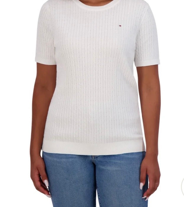 đTricot texturĂ© : Tommy blanc manche courte . M/ fit ( S-M) femme stretch neuf !