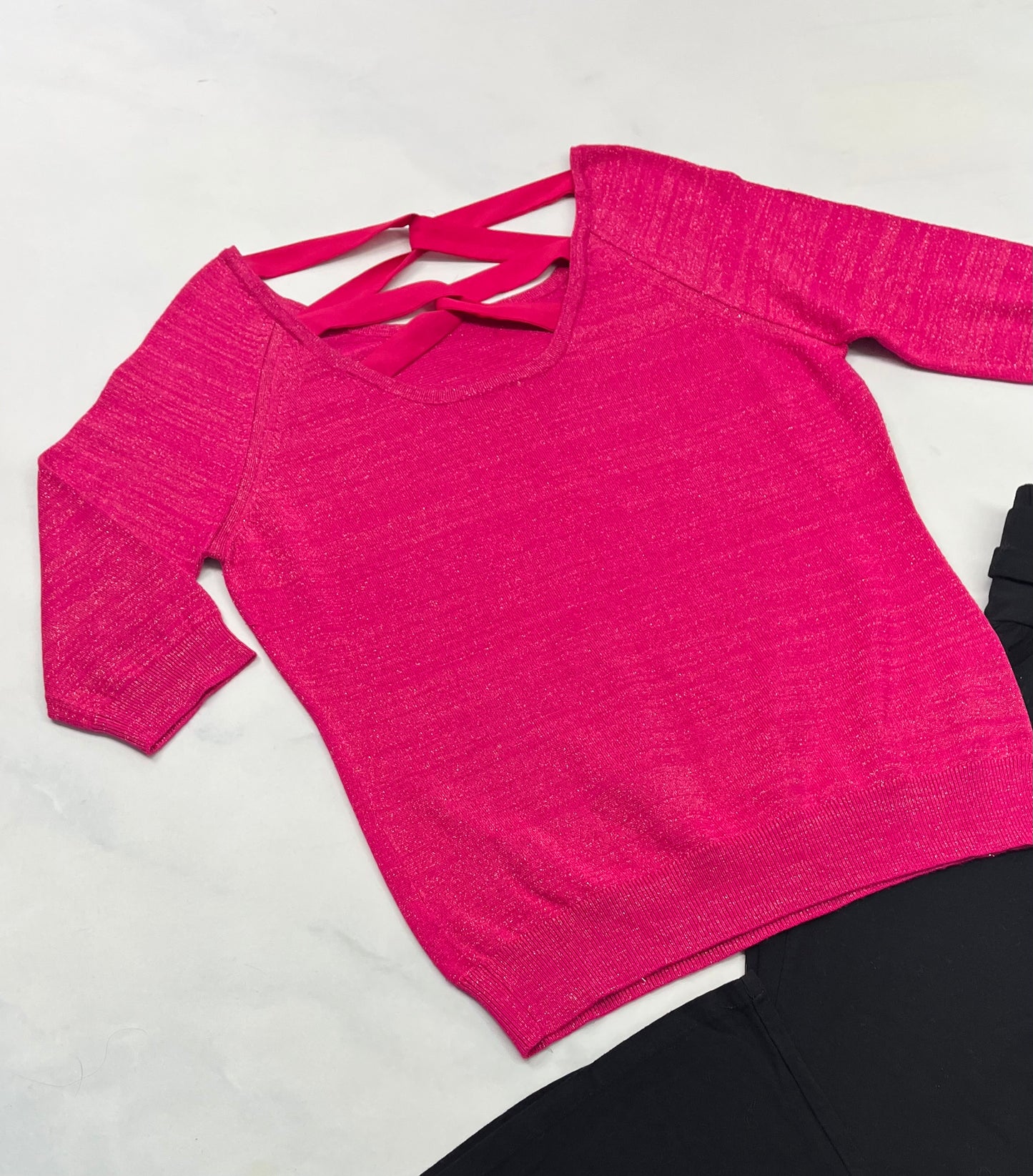 đź’•Tricot Reitman : Rose effet brillant dans le tissu ( manche au coude ) fait S(3-4ans femme ) stretch comme neuf !