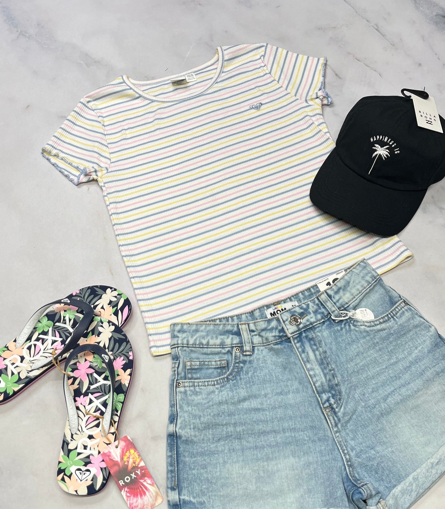 🌴 Manche courte :Rib .ROXY fait 12-14 ans fille stretch neuf ! ( ligné rose jaune et bleu ) .