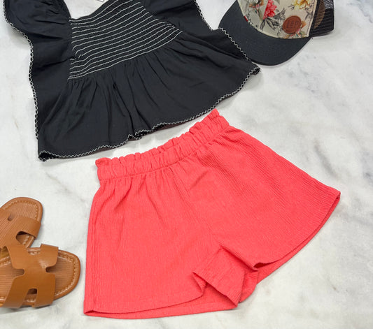 😍 Short : corail taille haute , tissu rib. texturé qui ne décolore pas . Fait 5-6 ans fille blum neuve !