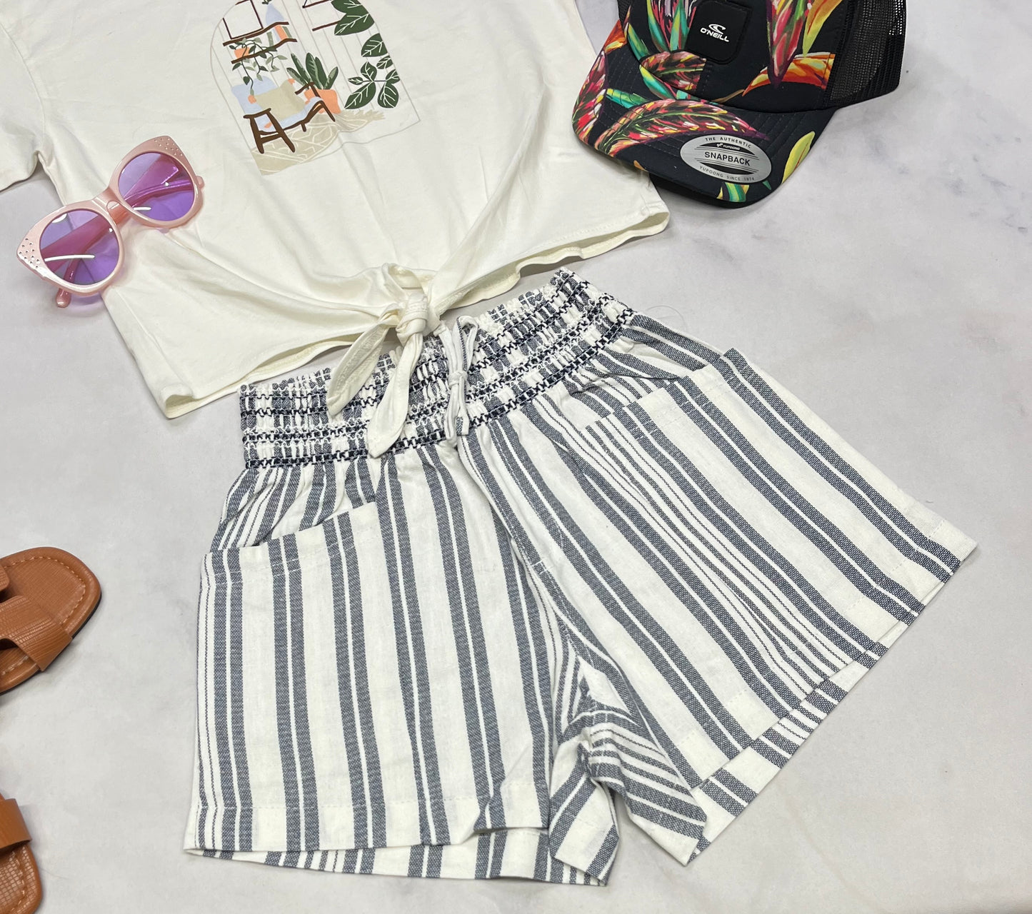 🌵 Short : rayé look lin souple 7-8 ans fille taille haute élastique neuve !
