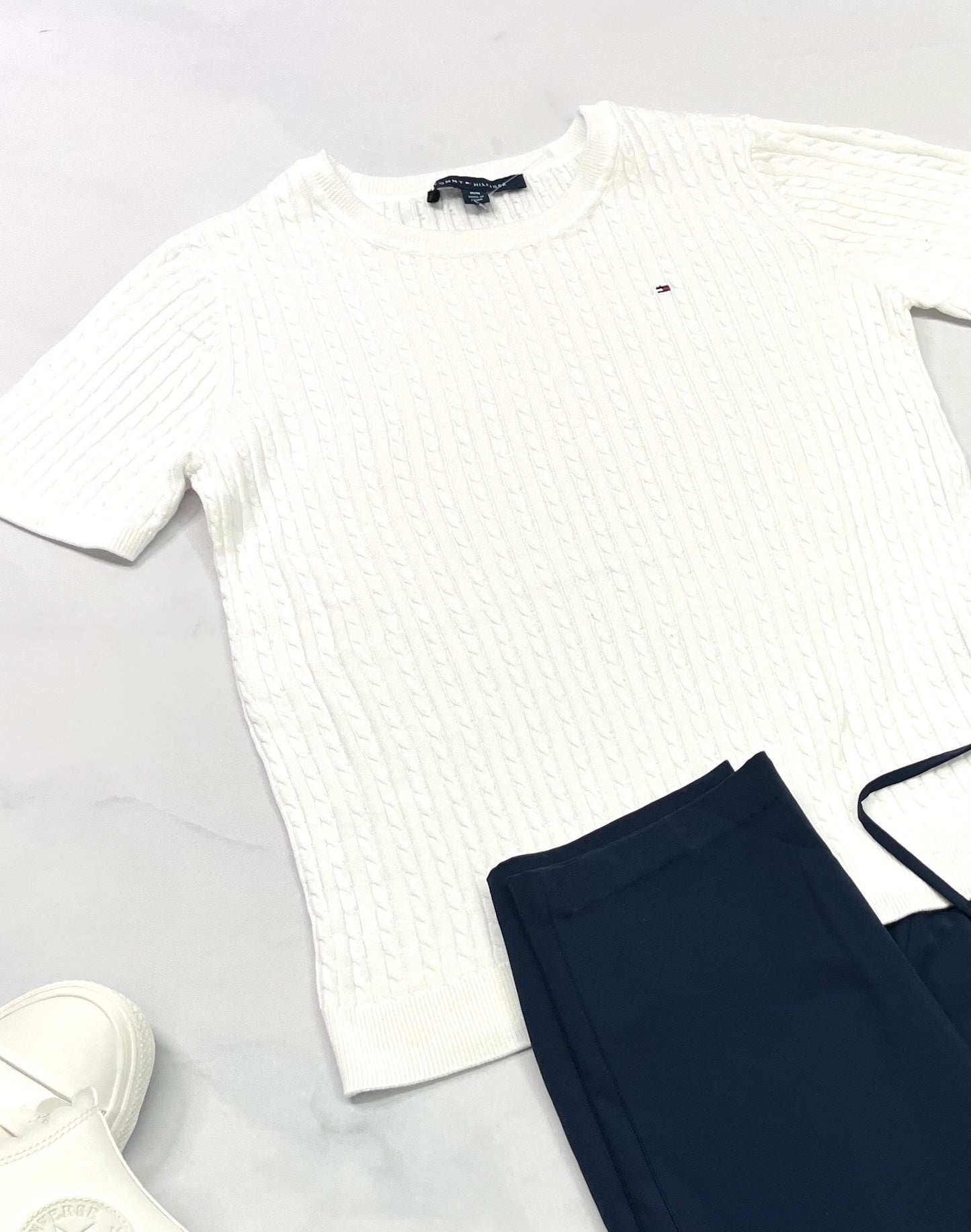 😍Tricot texturé : Tommy blanc manche courte . M/ fit ( S-M) femme stretch neuf !