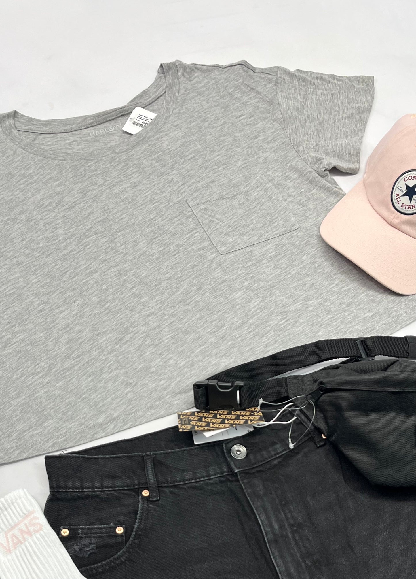 🌸 Manche courte : Harlow gris hyper soft/ léger stretch look écourté neuf ! L/ femme . ( avec 1 poche au devant ) .