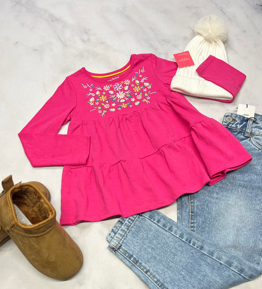 💕 Haut rose : avec fleurs brodées 5-6 ans fille neuf !