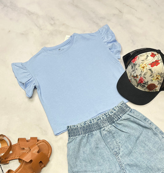 🦋 Manche courte bleu : coupe Boxy relax tendance 5 ans fille neuf !