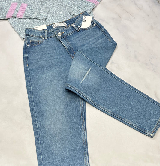 ❄️ MOM jeans : devant boutonnière look croisé superbe . Taille ajustable 12 ans fille neuve .