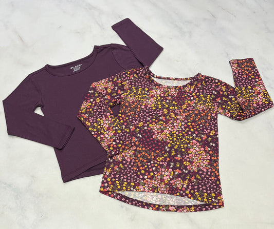 Duo : neuf ! 4 ans . Manche courte prune uni + Manche courte fleurit .