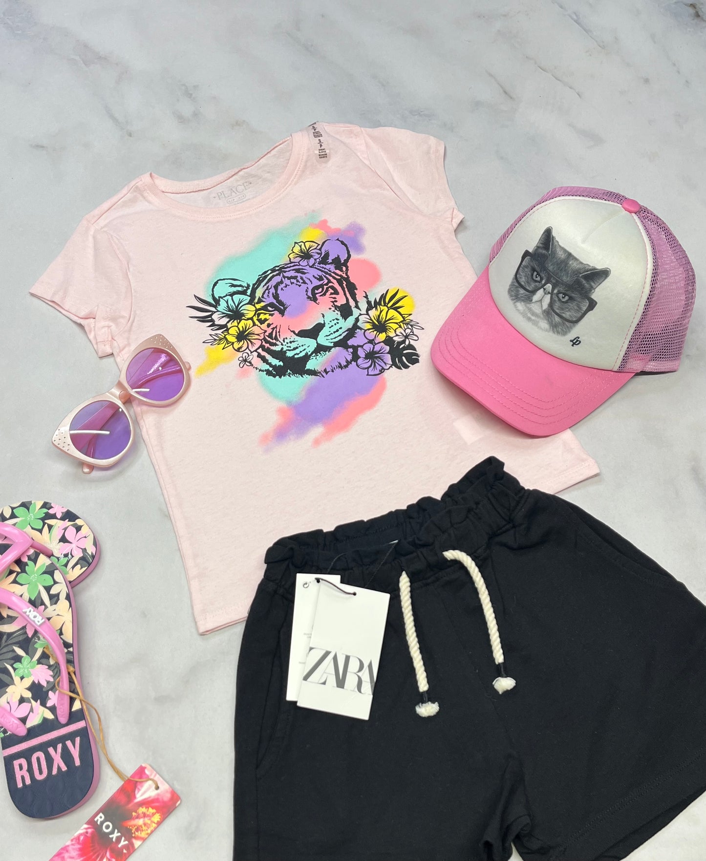 🩵 Manche courte : Rose Tigre 5-6 ans fille soft neuf !