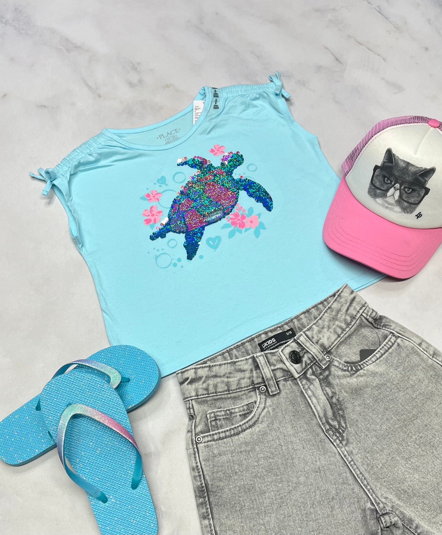 🩵 Manche courte : 5-6 ans fille coupe Boxy relax neuf ! Paillettes réversible 2 couleurs .