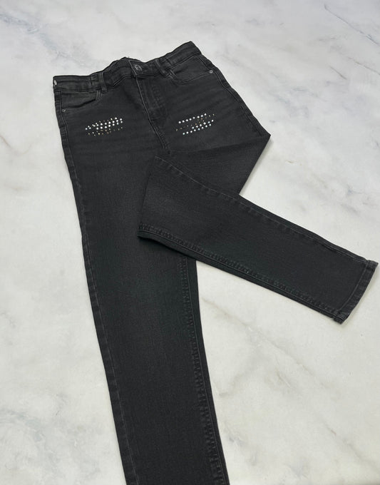 Skinny jeans : mou taille haute effet brillant ou les ligne en haut . Ajustable comme neuve . Stretch . 14 ans ( peu faire 14-16 fait long)