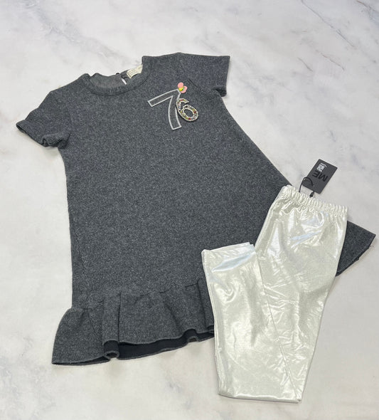 Duo : Robe ZARA + 6X en tricot comme neuve superbe ! + Skinny leg. Stretch argenté brillant neuf 6 ans .