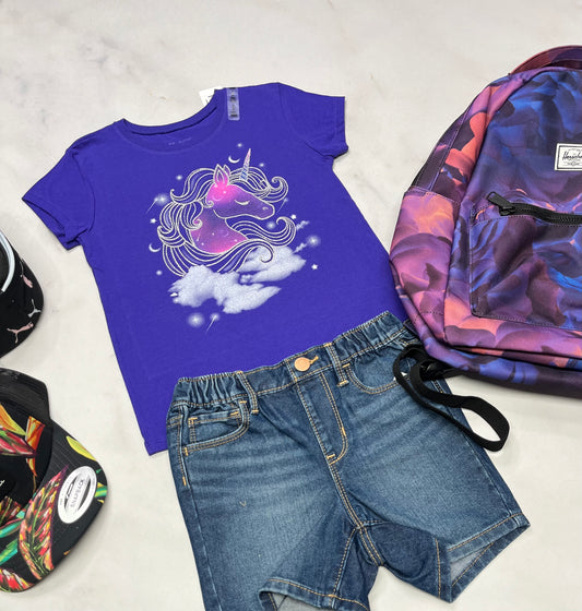 🌴 Solde , Manche courte : licorne brillant 5-6 ans fille neuf mais ombrage flou d’impression .