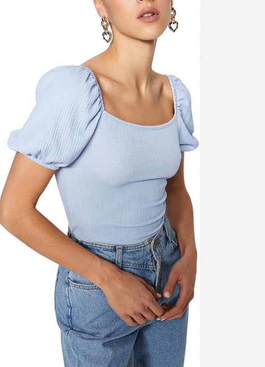 🌴 Manche courte : Bleuté texturé moulant stretch Blummind fait: XS - S et M femme neuf !