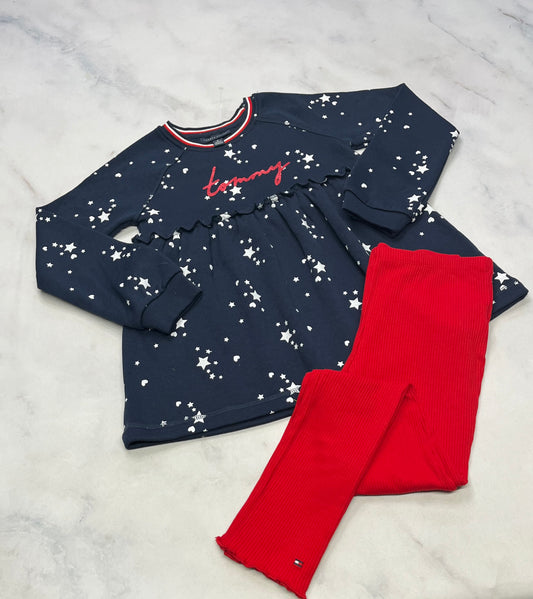 Duo ensemble : TOMMY neuf ! Tunqiue en ouaté + leg.rouge robe texturé neuf ! 7 ans et 8 ans .