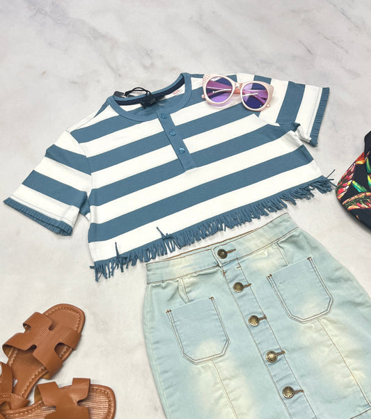 ☀️ Manche courte : SILVER rayé bleu fait 7 ans fille relax fit look écourté avec frange neuf !