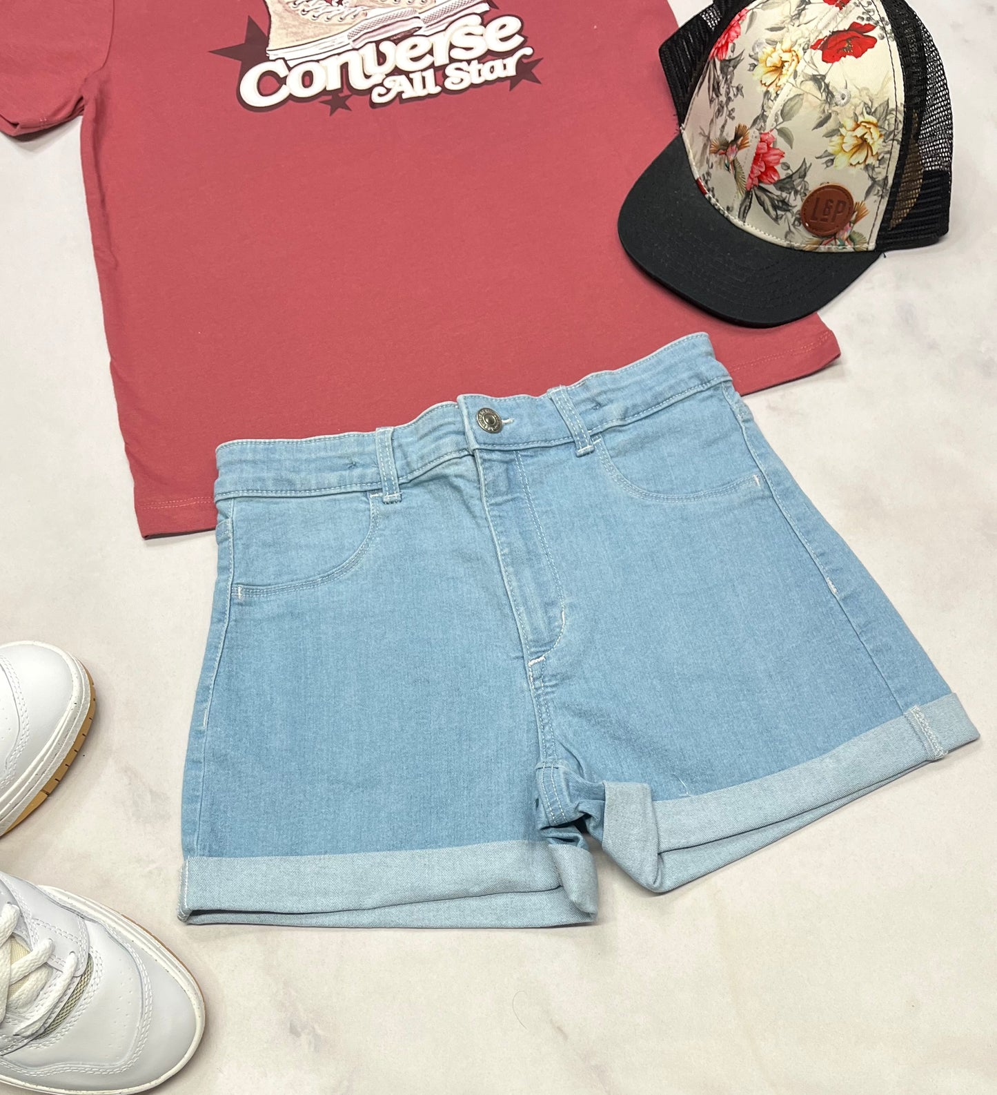 🌷Short jeans : stretch molle confo ( taille haute ajustable ) neuve ! 10-12 ans fille .