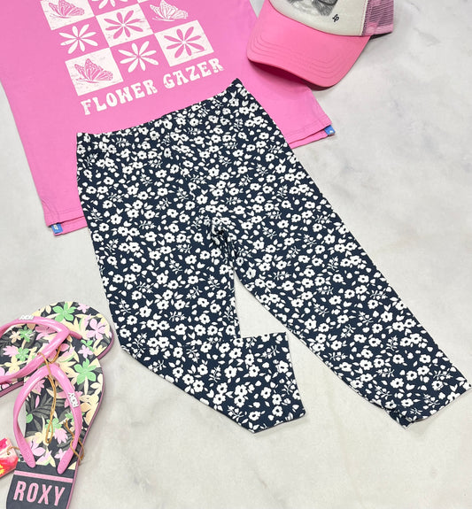 🌸 Legging fleurie : soft stretch marine et blanc 6 ans fille tag neuf !