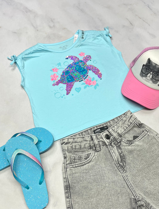 🩵 Manche courte : 5-6 ans fille coupe Boxy relax neuf ! Paillettes réversible 2 couleurs .
