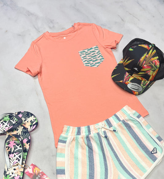 🌿 Manche courte corail : en coton stretch 8ans fille neuf !