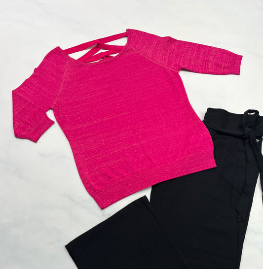 💕Tricot Reitman : Rose effet brillant dans le tissu ( manche au coude ) fait S(3-4ans  femme )  stretch comme neuf !