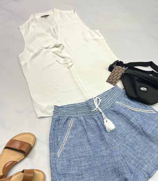 🌿Chemisier : sans manche RW.CO blanche avec doublure intégré M/ femme non extensible donc fait SM/ femme comme neuve .