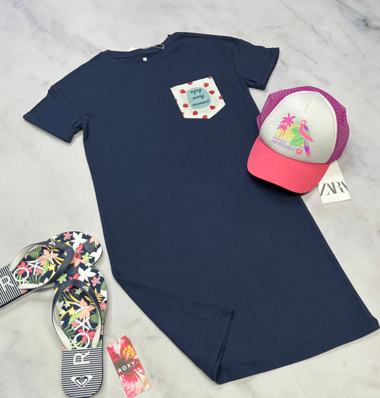 🍓Robe : en beau coton extensible marine Tag 10 ans fille neuve .