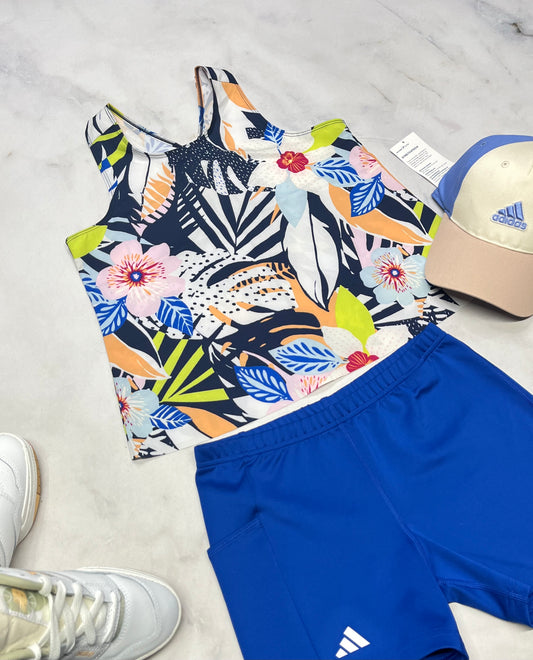 🌴 Camisole : fleurie look écourté en tissu de sport stretch 14-16 ans fille neuve .