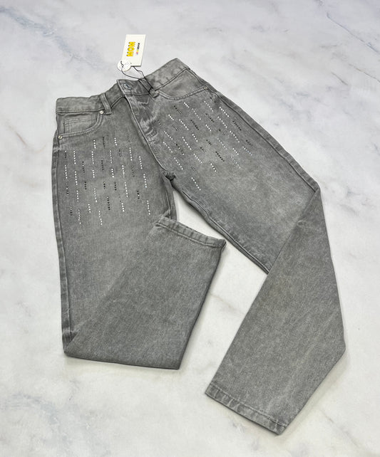 Mon jeans : gris avec strass brillant neuf ! 10 ans fille ajustable .