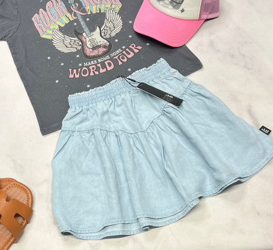 🩵 Jupe jeans : ultra molle Surface . Couture en pointe au devant ! Superbe 7 ans fille neuve .