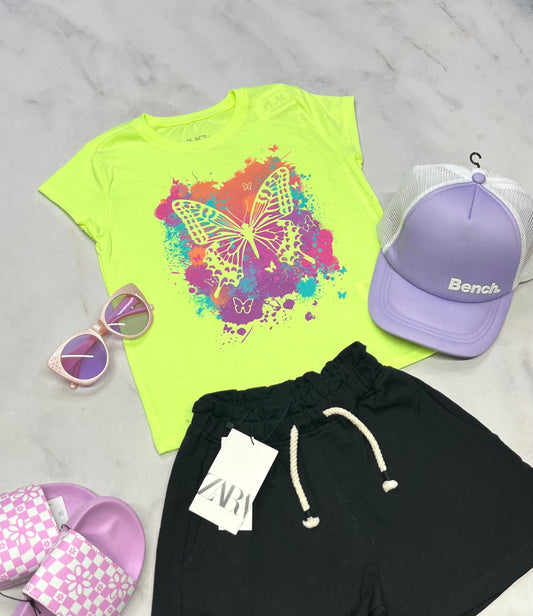 🦋 Manche courte : lime néon soft 5-6 ans fille neuf !!