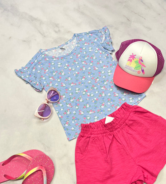 🌷 Manche courte : bleu fleurie 4 ans fille neuf !