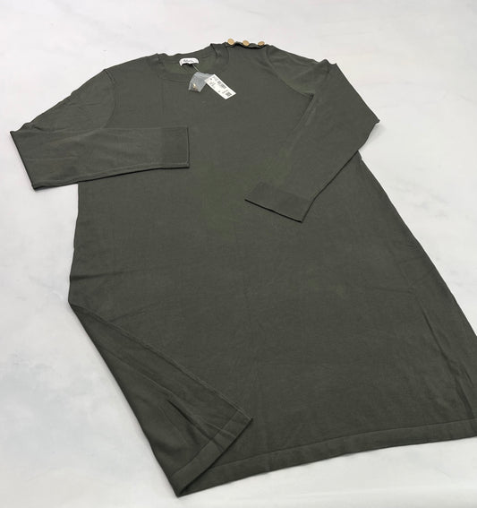 Robe : Reitman en tricot KAKI en vrai . Neuve . 3 Boutons  or sur une épaule. XL/ femme neuve .