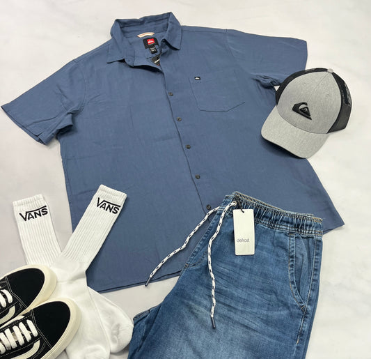 ☀️ Chemise : Quiksilver bleuté XL/ homme neuve . Tissage en chevron souple texturé . Encore + belle en vrai .