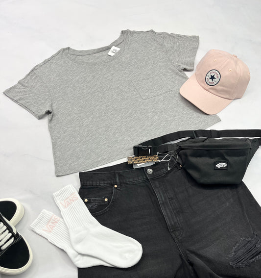 🌸 Manche courte : Harlow gris hyper soft/ léger stretch look écourté neuf ! L/ femme . ( avec 1 poche au devant ) .