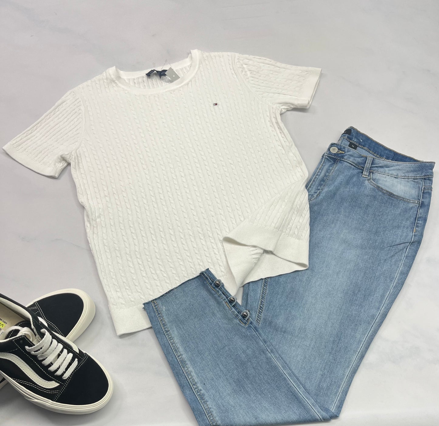 🩵 Tommy Manche : courte texturé en tricot stretch neuf ! L/femme .