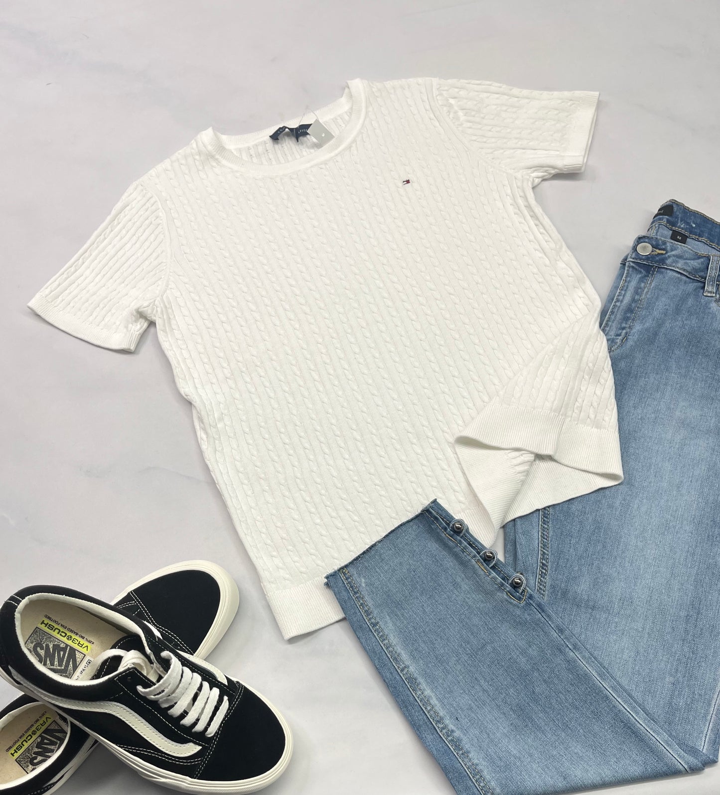 🩵 Tommy Manche : courte texturé en tricot stretch neuf ! L/femme .