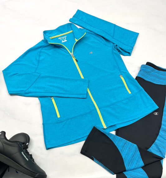 🩵 SOLDE Champion : Veste tissu  de sport L/fit stretch femme . Trou pour les pouces . Comme neuve juste une ombrage flou sur un bout de manche .