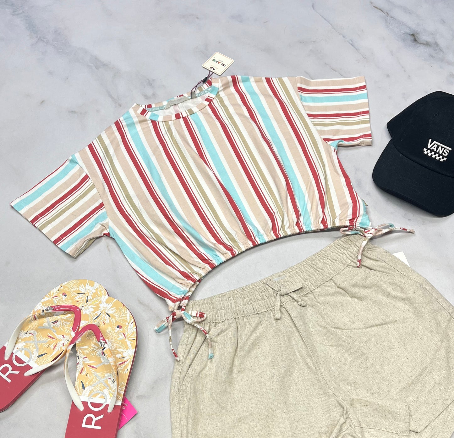 ☀️ Manche courte : rayé Island look écourté . 14(13-14 ans ) fille neuf !